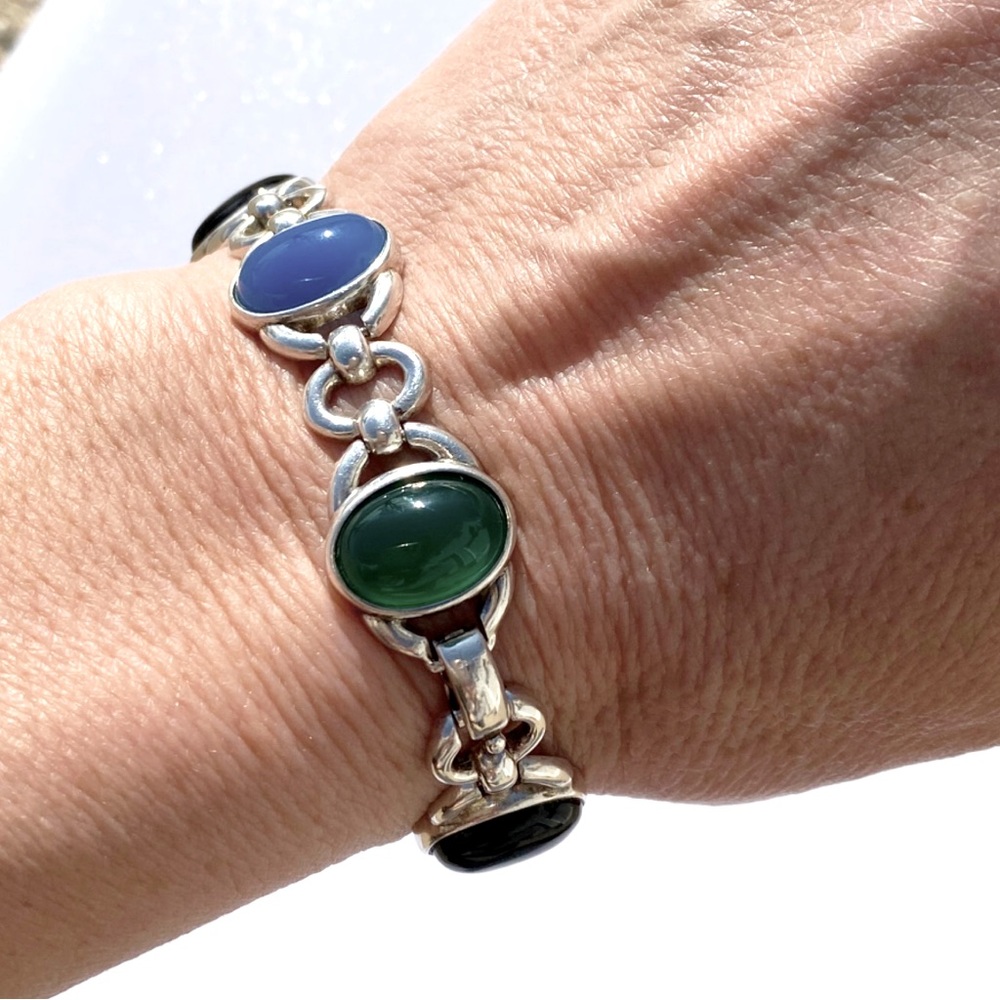 VTG-Sterling Silver 925 Multi Color Onyx, Carnelian & Chalcedony Link Bracelet - Picture 6 of 14